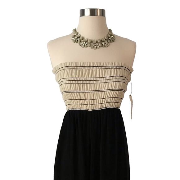 ROBBI & NIKKI Chiffon Wide Leg Smocked Jumpsuit Beige Black Strapless XS NWT - Picture 4 of 7